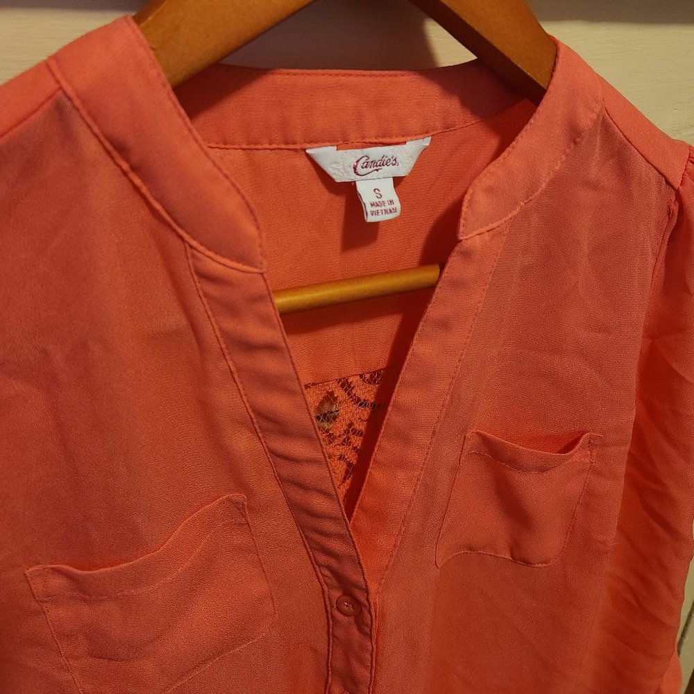 Candies pink button up sheer blouse